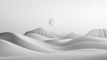 Minimalist landscape with dunes in monochrome tones and a floating sphere adding an ethereal quality to the otherworldly scene. photo