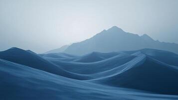 Ethereal landscape with rolling hills and distant mountains shrouded in mist, creating a serene, dreamlike atmosphere. Blue monochrome palette. photo