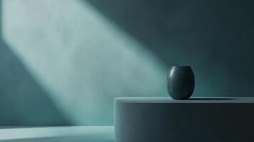 Serene studio shot of a vase on a platform bathed in soft, diffused light, creating a minimalist and calming composition. photo