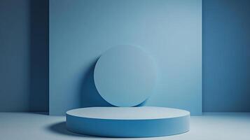 Minimalist round podium against matching backdrop in pastel blue. Ideal for product showcase or display with clean presentation. photo