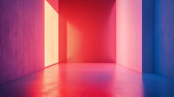 Abstract room bathed in vibrant red, pink, and blue light, creating a modern and surreal atmosphere. Simple color block architecture. photo