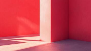 An indoor scene with red walls and shadows showcases a minimalist space, highlighting architectural elements and the interplay of light. photo