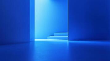 Blue-toned minimalist space with a staircase, walls and floor, illuminated with a smooth gradient of light, creating a serene abstract scene. photo