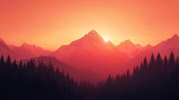 Dramatic mountain range at sunset. The sun is peeking over the peak of the tallest mountain, surrounded by other mountains and trees. photo