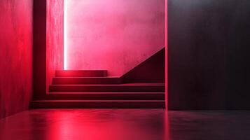 Abstract stairs bathed in vibrant red light, creating a modern, minimalist composition with geometric shapes and strong contrasting colors. photo