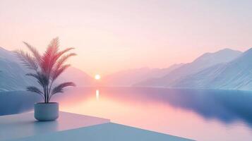 Peaceful sunset reflected over a still lake with snowy mountains in the background, and a potted plant adding a touch of nature. photo