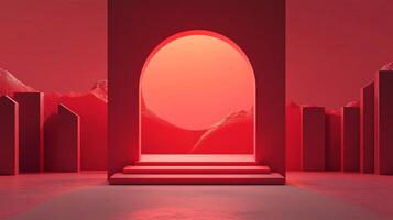 A minimalist red landscape featuring an arched doorway leading to a distant mountain range and geometric structures under a glowing sky. photo