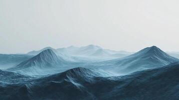 Serene mountain range against a pale sky, rendered with a striking blue hue. The landscape is textured and inviting, promising adventure. photo