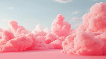 Dreamy pink clouds float in a serene sky, creating a whimsical and ethereal landscape. The soft color palette evokes a feeling of peace. photo