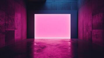 Abstract architectural space featuring a bright pink illuminated panel framed by concrete walls. The glossy floor reflects the vivid lighting. photo