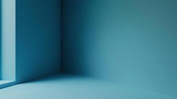 A minimalist composition featuring a monochromatic blue room with soft lighting and intersecting planes defining the architectural space. photo
