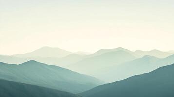 Serene mountain ranges recede into the horizon in a palette of calming blues and greens, creating a peaceful and majestic landscape. photo