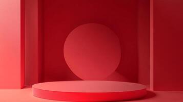 Minimalist red product display stand. Circular backdrop, cylindrical platform, geometric blocks. Abstract modern studio setting. photo