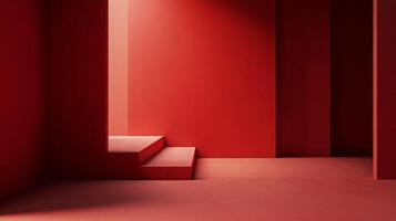 Minimalist red room featuring simple geometric shapes creating a sense of depth and abstract architectural space, with a focus on color and light photo