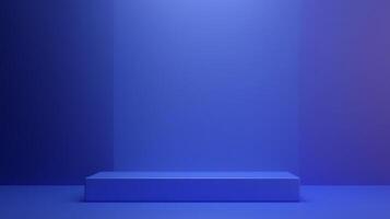 Minimalist blue platform stage for product display and presentation, illuminated against a matching backdrop for artistic effect photo