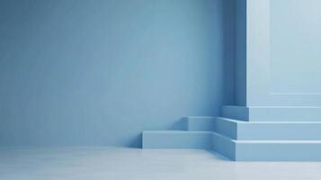 Minimalist blue staircase against a solid blue wall in a serene setting. The architectural design creates a sense of calmness and simplicity. photo