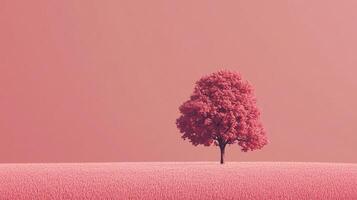 A monochromatic vista in varying shades of rose, featuring a solitary tree and grass-like ground against a matching, pastel backdrop. photo