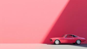 A classic-style red car is placed in a pink setting with bright lighting and a minimalist aesthetic, creating a visually striking image. photo
