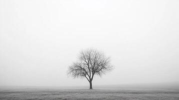 Monochrome tree standing alone in an empty field. The overcast sky adds to the minimalist feeling of loneliness and isolation. photo
