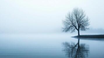Solitary tree reflecting on calm waters under a hazy sky, creating a serene and peaceful atmosphere. Reflection in the water. photo