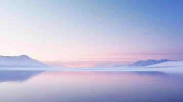 Serene Arctic landscape with snow-covered mountains reflecting in tranquil water under a pastel sky, creating a calming atmosphere. photo