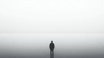 A solitary figure stands in calm waters, gazing into a misty horizon, evoking serenity and introspection with its minimalist scene. photo