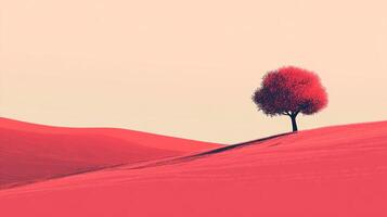 Minimalist landscape of red rolling hills with a single tree under a pastel sky, evokes serenity and quiet contemplation. photo