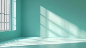 An empty light-teal room features a sun-drenched window, casting light and shadow in a clean, minimalist space evoking calmness and serenity. photo