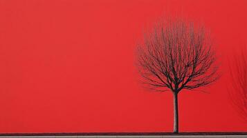 Lone tree silhouette against a vibrant red backdrop, creating a striking minimalist contrast and artistic modern starkness. photo