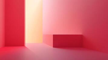 Geometric composition of a pink room featuring a raised block, set against a light gradient background. Simplistic architectural design. photo