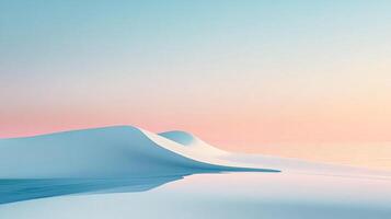 Minimalist sand dunes under a pastel sky create a serene, dreamlike landscape. Soft gradients and gentle curves enhance the tranquil scene. photo
