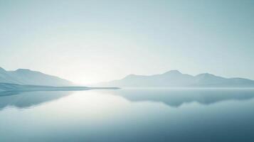 Serene landscape with tranquil water reflecting mountains under a soft, diffused light. Mist creates a dreamy, minimalist aesthetic. photo
