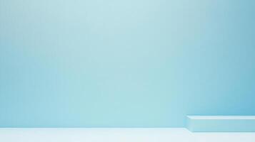 Minimalist pale blue studio backdrop with simple podium. Perfect for product placement or subtle design element. Clean and calming atmosphere. photo