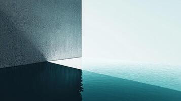 Minimalist seascape with textured wall, merging interior and ocean views in serene teal and white color palette, creating abstract scene photo