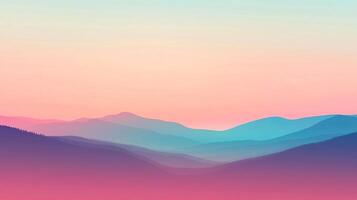 Layered mountain landscape with a soft gradient sky, transitioning from pink and peach to light blue, serene and minimalist scenic view. photo