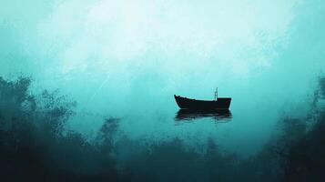 A silhouette of a small boat floats serenely in a sea of turquoise, an illustration of solitude and the allure of the open water. photo