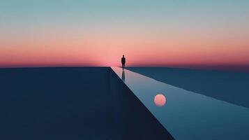 A lone figure stands on a geometric bridge leading towards a vibrant sunset, reflecting in the water below. Serene, contemplative image. photo