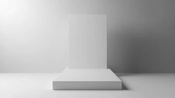 Monochrome minimalist platform. Stark white geometry in a gradient lit studio. Elevate your display with this blank slate showcase piece. photo