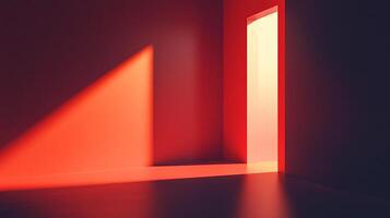 An open doorway casts a bright glow across a red-toned room, creating a dramatic and minimalist interior space. photo