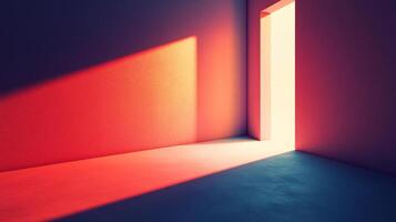 Sunlit corner with an open doorway. A play of light and shadow in an empty room creating a simple, yet visually striking scene. photo