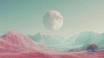 Surreal landscape with pink mountains under a pastel sky and a hazy full moon creating a dreamlike atmosphere. Ethereal and calming. photo