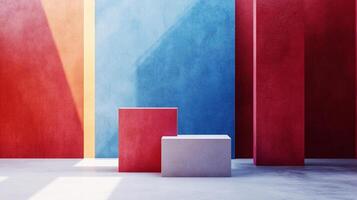 Geometric abstract with cubes and colored walls, creating a minimalist architectural scene with textures and shadows. photo