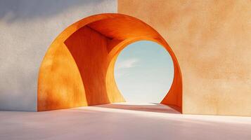 A vibrant orange architectural archway frames a serene blue sky, creating a captivating contrast of color and form. Minimalist and peaceful scene. photo