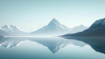 A serene landscape features snow-capped mountains reflected on a calm lake under a bright sky, creating a sense of tranquility. photo