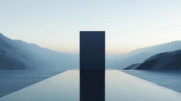Monolith on a serene lake amidst mountains reflects minimalist landscape, blending nature with geometric form in calm pastel hues. photo