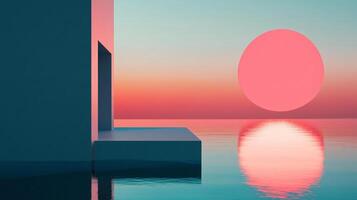 Abstract seascape with geometric forms and a serene, minimalist sunset. A calming and surreal view evoking peace and introspection. photo