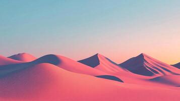 Abstract desert landscape featuring smooth, undulating sand dunes under a gradient sky of light blue and soft orange. A serene and minimalist scene. photo