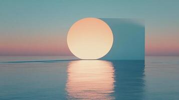 A surreal, dreamlike image of a large, glowing orb partially submerged in tranquil waters against a soft, pastel gradient sky. photo