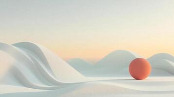 Minimalist abstract composition of undulating white hills against a gradient sky with a single coral colored sphere in the foreground. photo