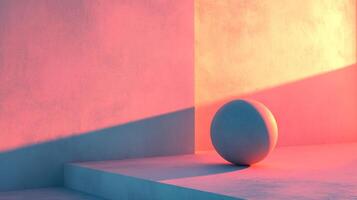 Minimalist sphere against vibrant backdrop of pink and yellow. Light and shadow create a geometric and inviting composition. photo